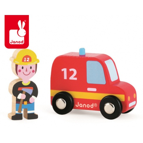 Fotografia, na której jest Wóz strażacki ze strażakiem zestaw drewniany - JANOD