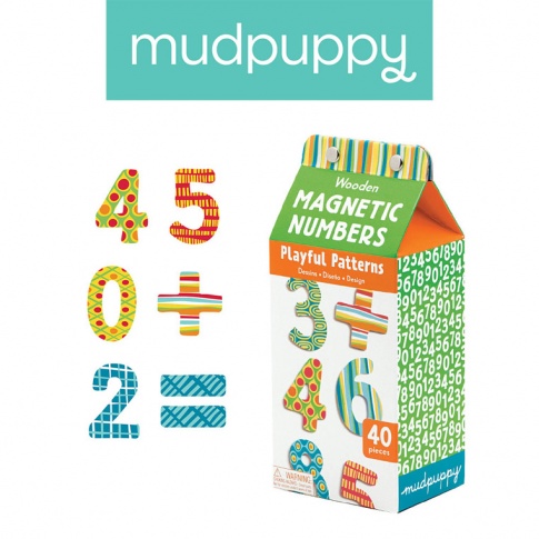 Fotografia, na której jest Mudpuppy Zestaw drewnianych magnesów w kolorowe wzory Liczby 40 elementów