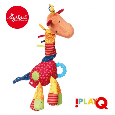 Fotografia, na której jest SIGIKID Przytulanka aktywizująca Żyrafa z gryzakiem, grzechotką, piszczałką, wibracją i szeleszczącą folią 6m+ PlayQ 