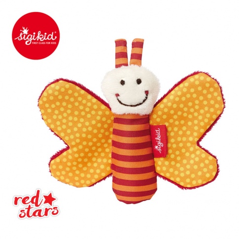 Fotografia, na której jest SIGIKID Miękka mini – przytulanka Pomarańczowy motylek z szeleszczącymi skrzydełkami Red Stars 