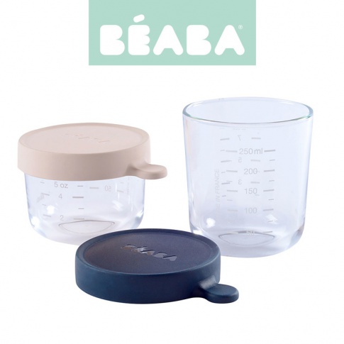 Fotografia, na której jest Beaba Zestaw pojemników słoiczków szklanych z hermetycznym zamknięciem 150 + 250 ml pink i dark blue