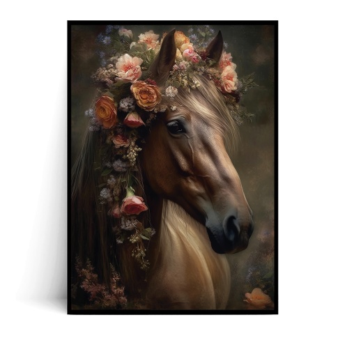 Fotografia, na której jest Plakat BRĄZOWY KOŃ W KWIATACH no.2 Vintage - Fox Art Studio