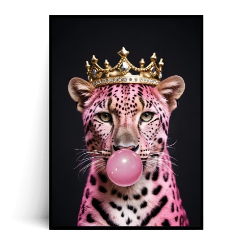 Fotografia, na której jest Plakat RÓŻOWY GEPARD W KORONIE Bubble Gum Black